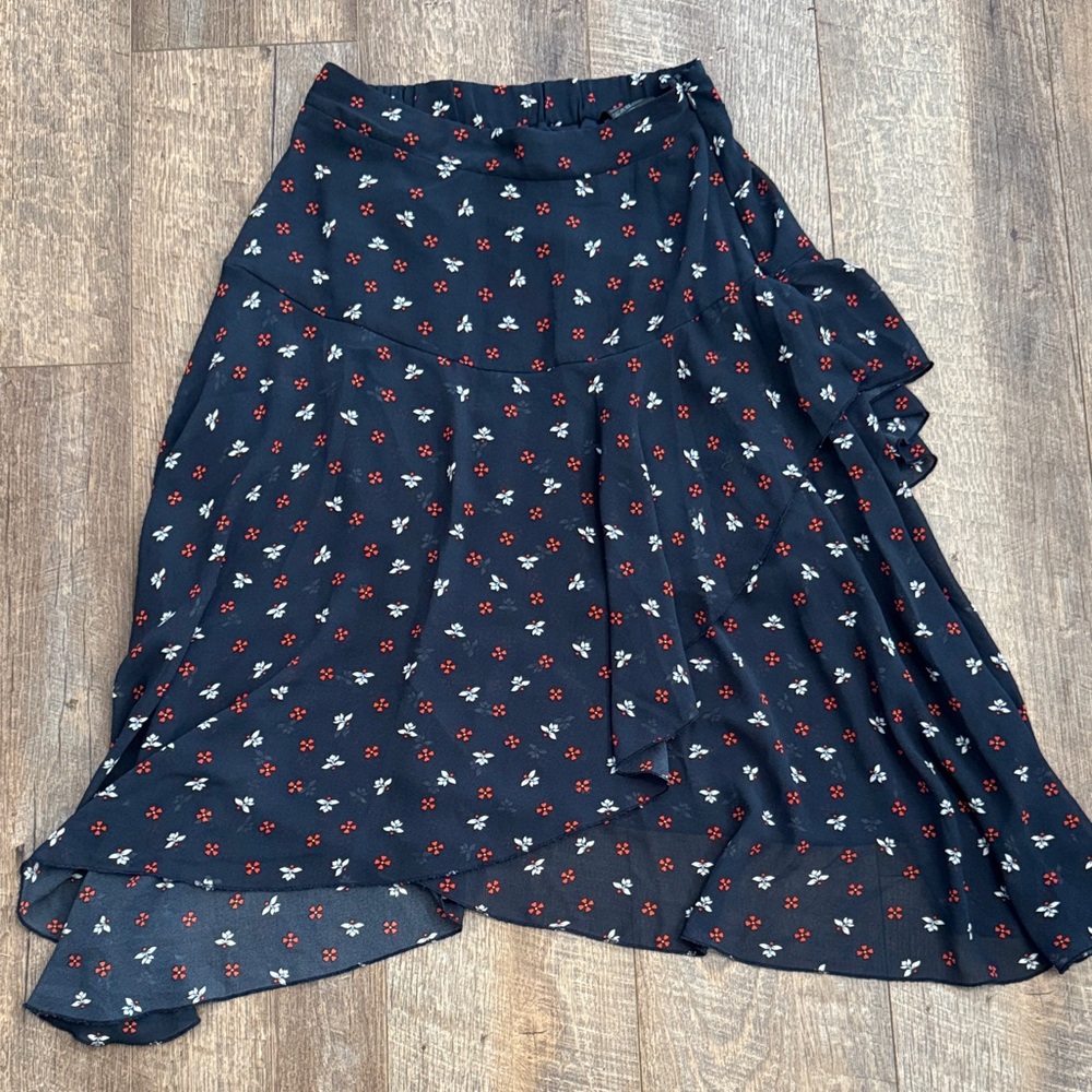 H&M Navy Asymmetrical Floral Wrap Skirt with Red & White Accents
